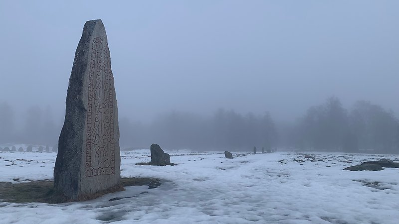 Runstenen och Eriksgatan en dimmig vinterdag. 